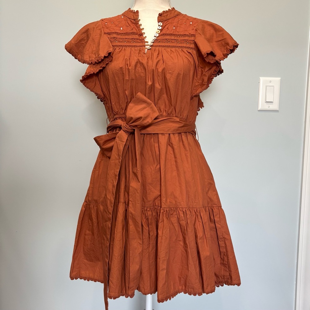 Secret Misson Bartolina Cotton Ruffled Sleeve Belted Mini Dress Dusty Orange XS